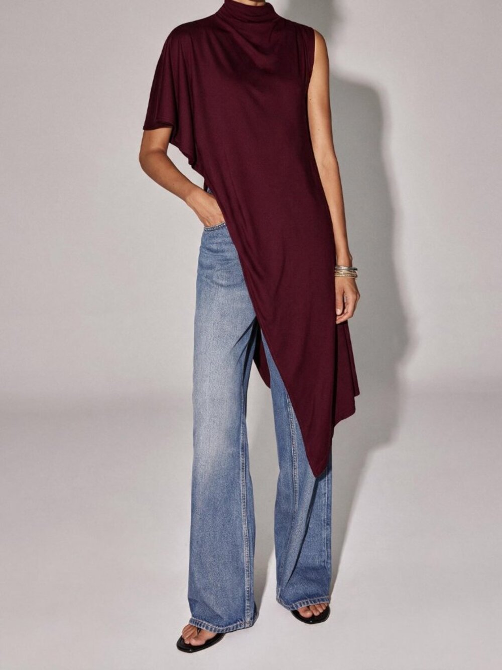 Burgundy Casual Women's Asymmetrical Cowl Neck Short Sleeve Knit Top